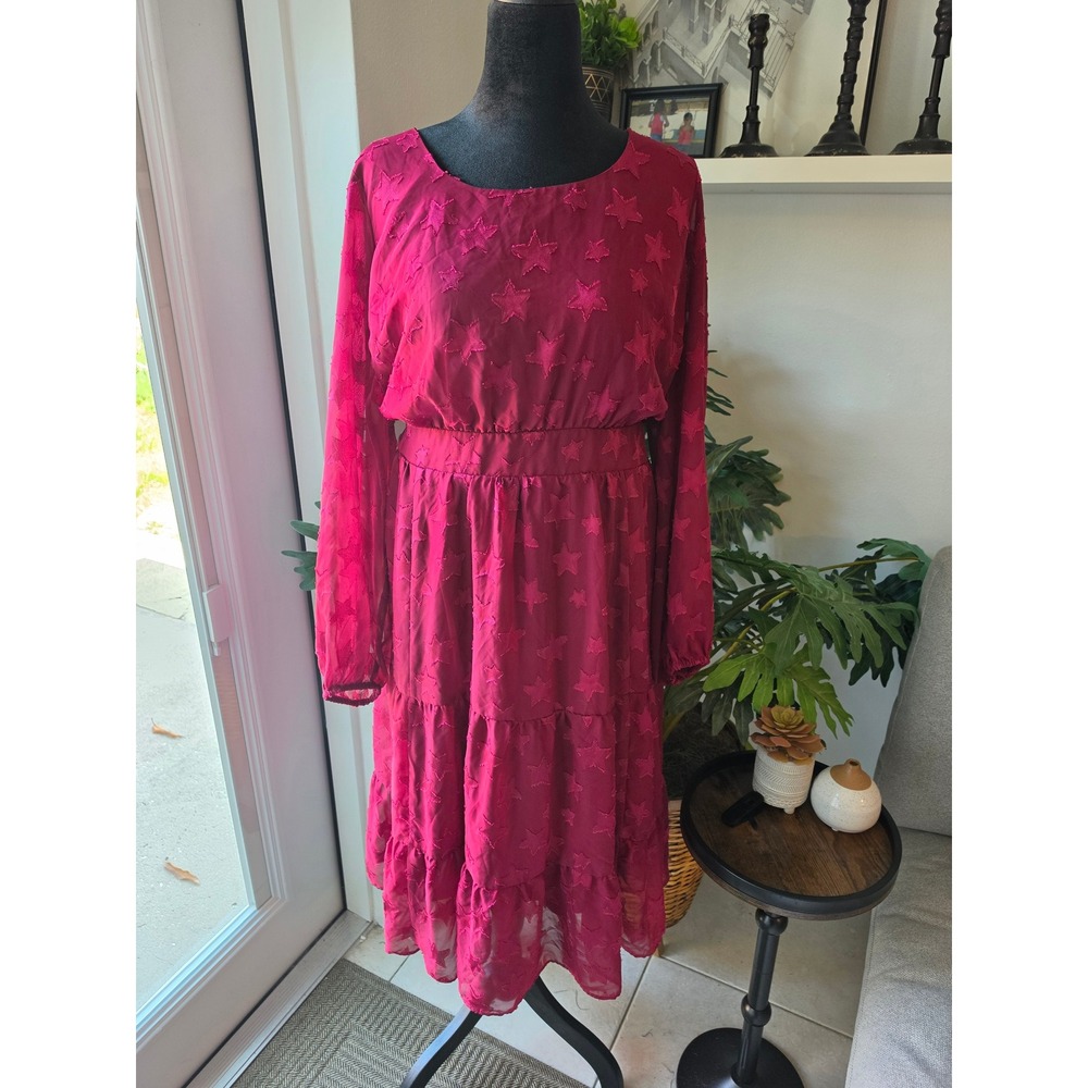 Torrid Magenta Pink Star Clip Dot Tiered Midi Dress Long Sleeve Plus Size 2